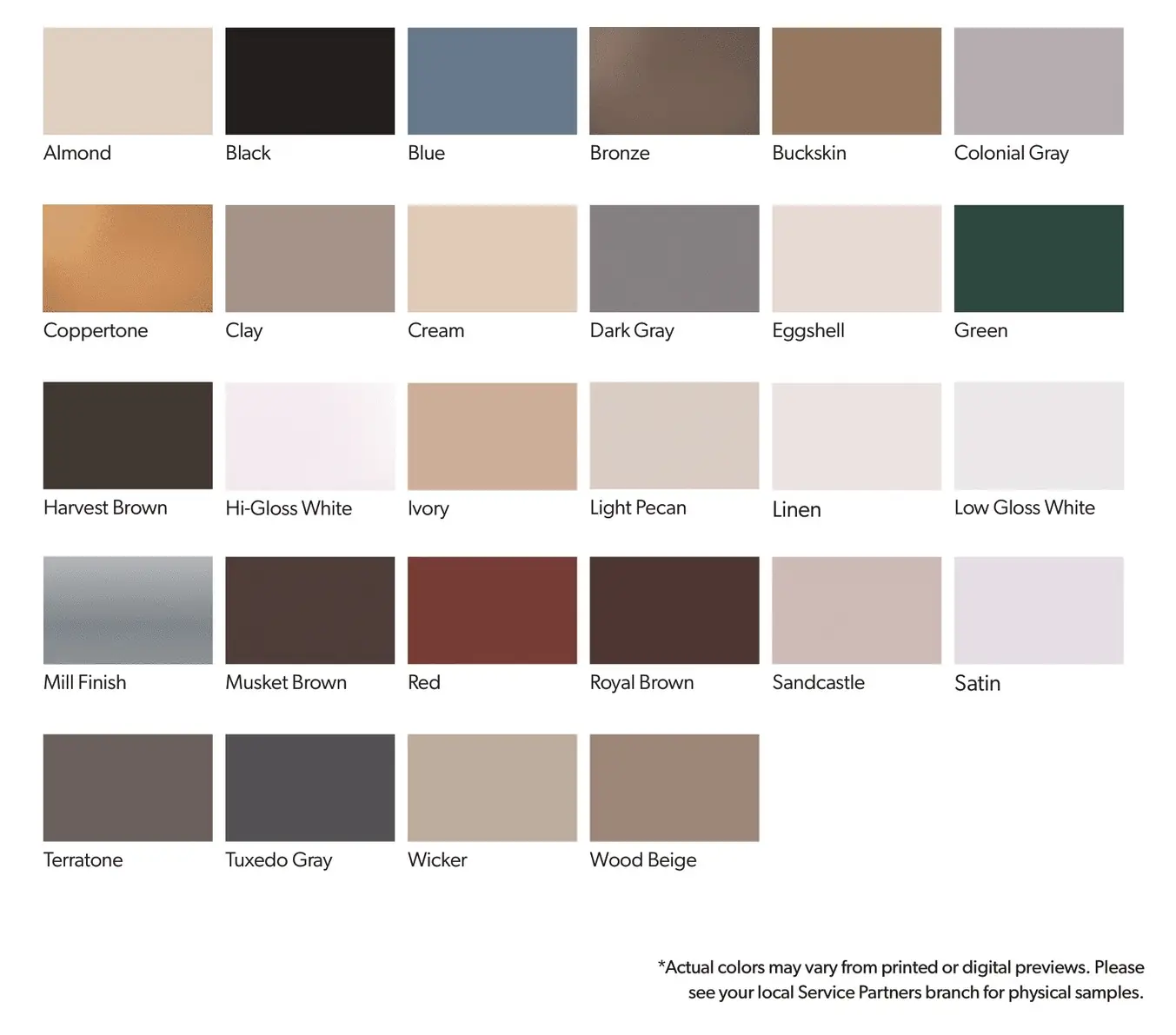 Gutter color chart showing 28 aluminum color swatches