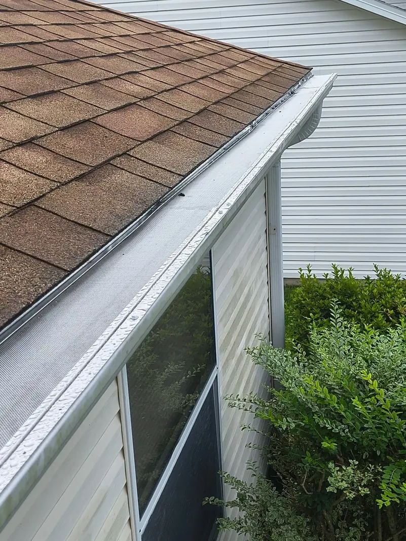 Close-up of a gutter guard along a shingle roof edge