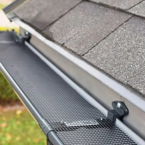 Black mesh gutter guard clipped over a gutter along a shingle roof