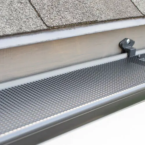 Mesh gutter guard over a gutter below a shingle roof