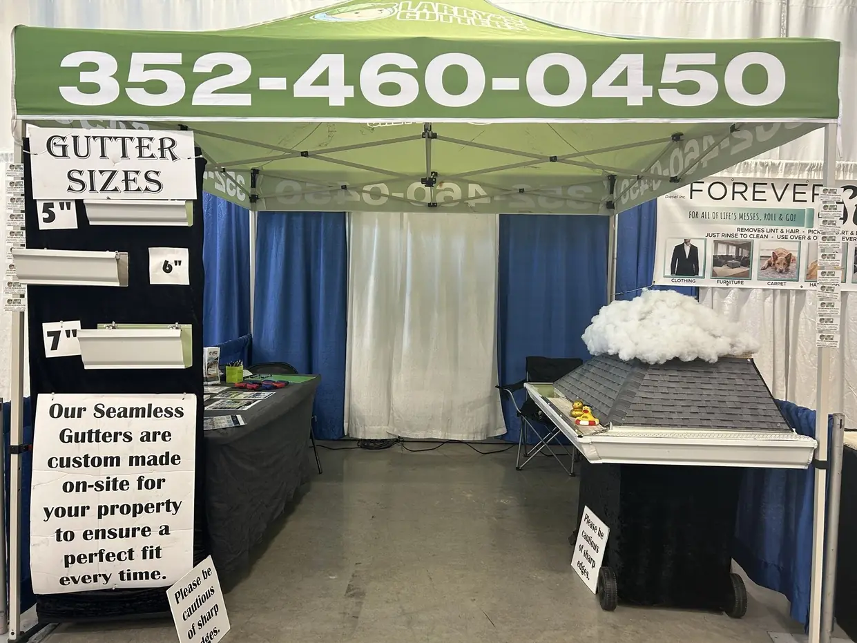 Larry's Gutters display showing 5, 6 and 7 inch seamless gutter sizes