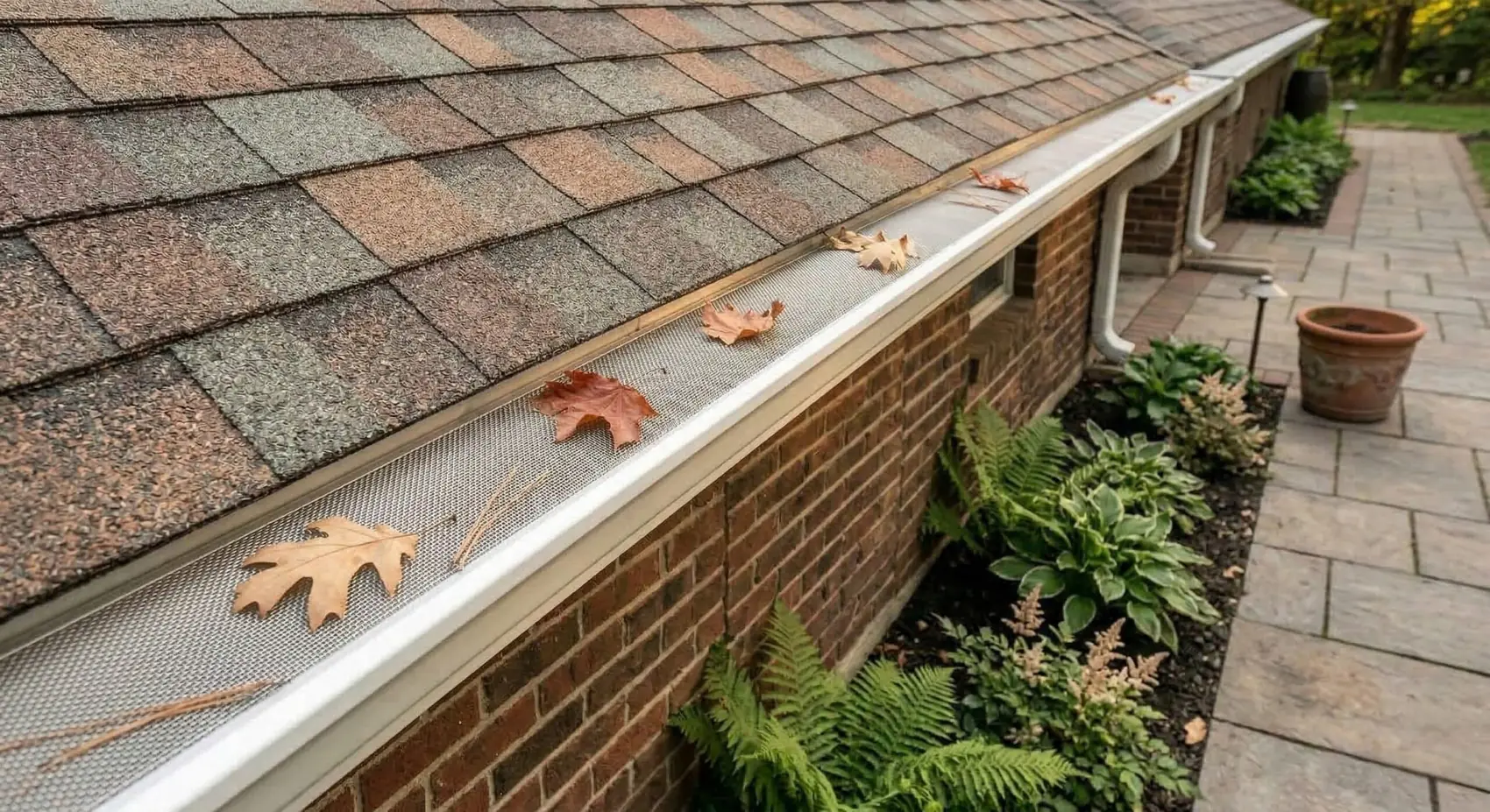 Gutter guard with a few leaves along a shingle roof above a garden