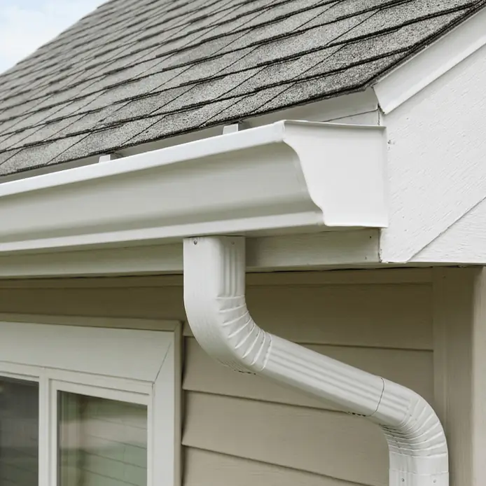 White seamless K-style gutter and downspout on a house with a gray shingle roof