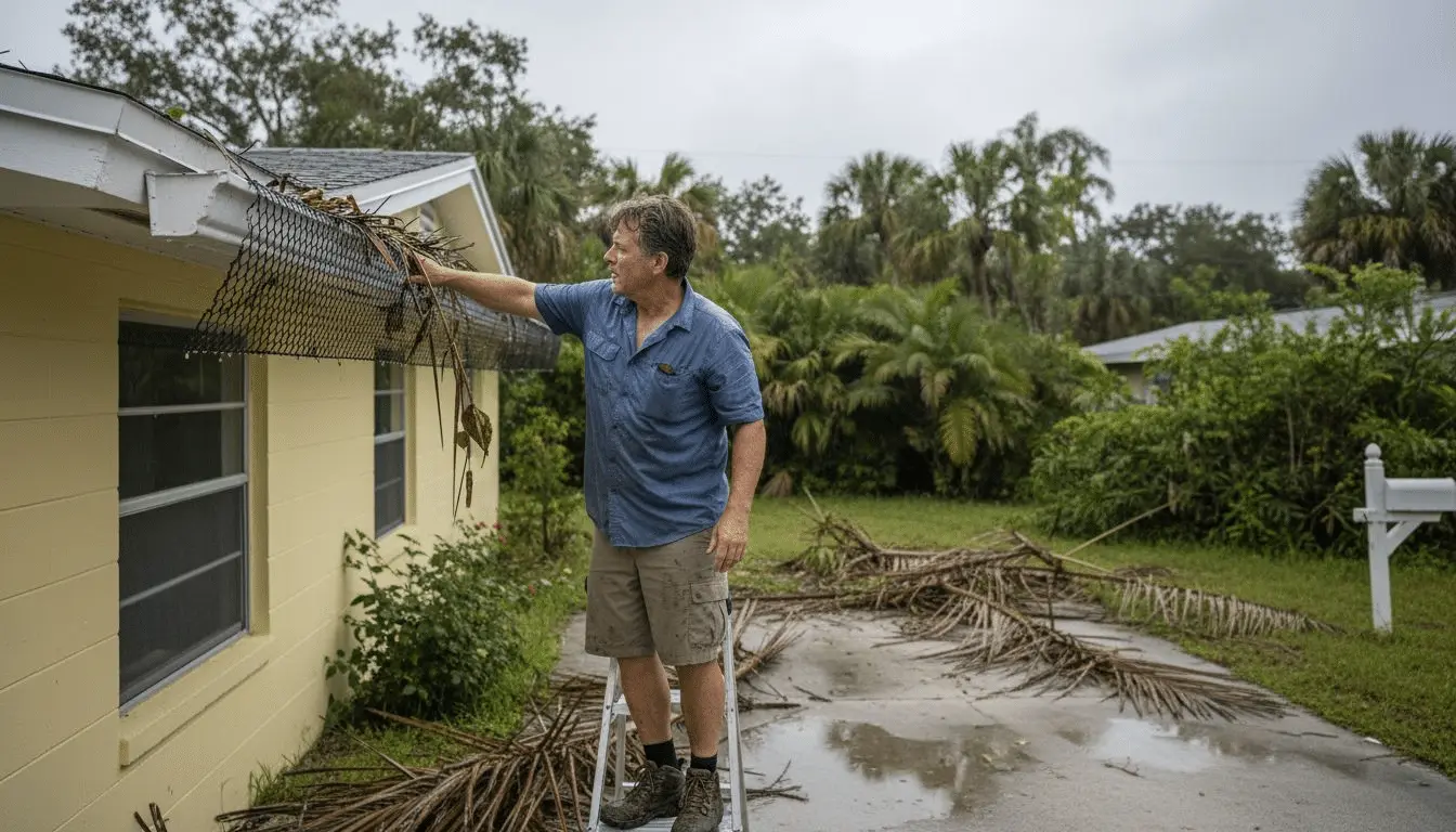 Man on a ladder lifting a mesh gutter guard on a yellow house, palm fronds on the ground