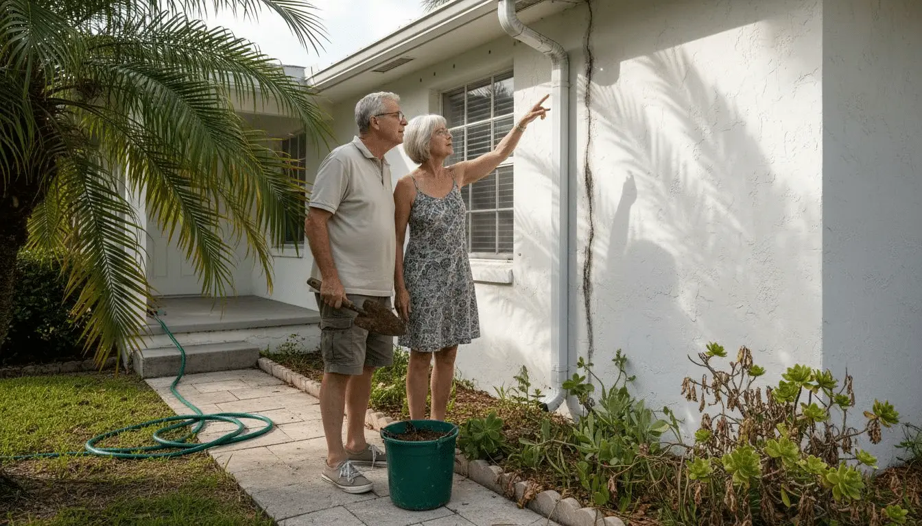 Couple pointing at a wall crack beside a downspout on a white house