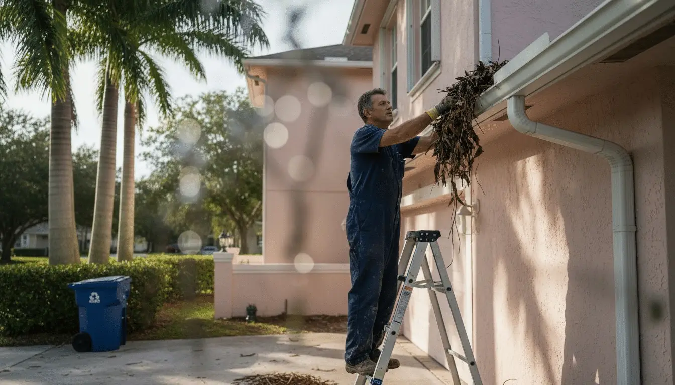 Man on a ladder pulling a clump of debris from a white gutter