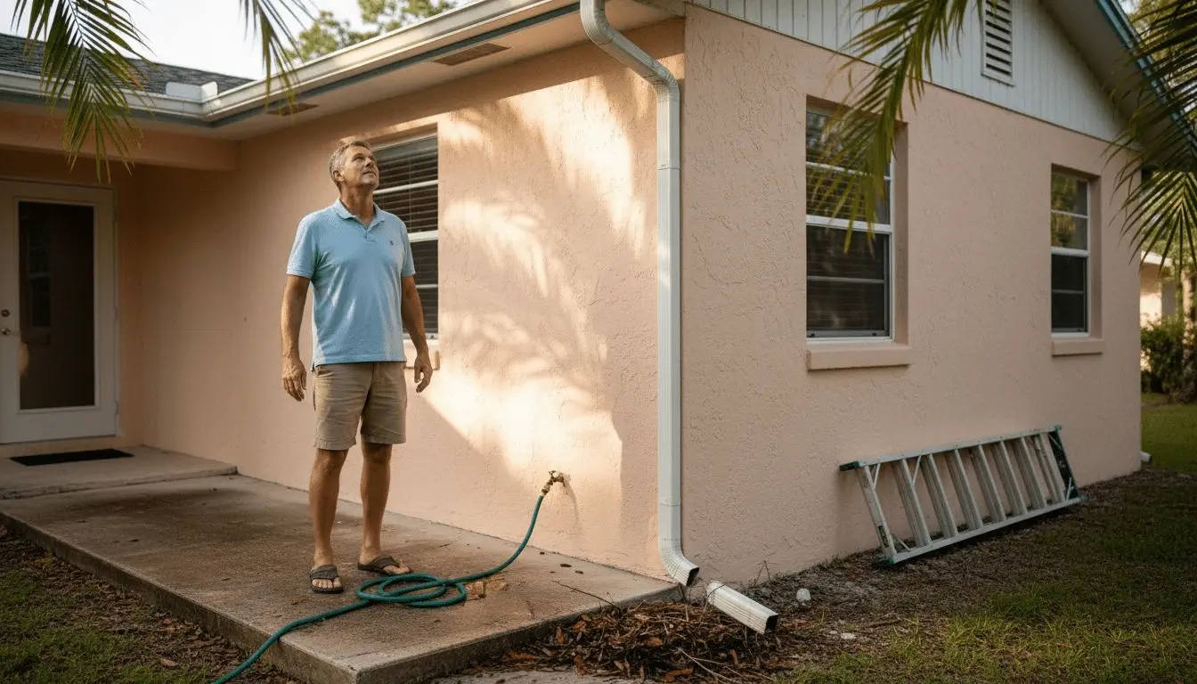 Man in a courtyard looking up at the gutter and downspout of a peach stucco house