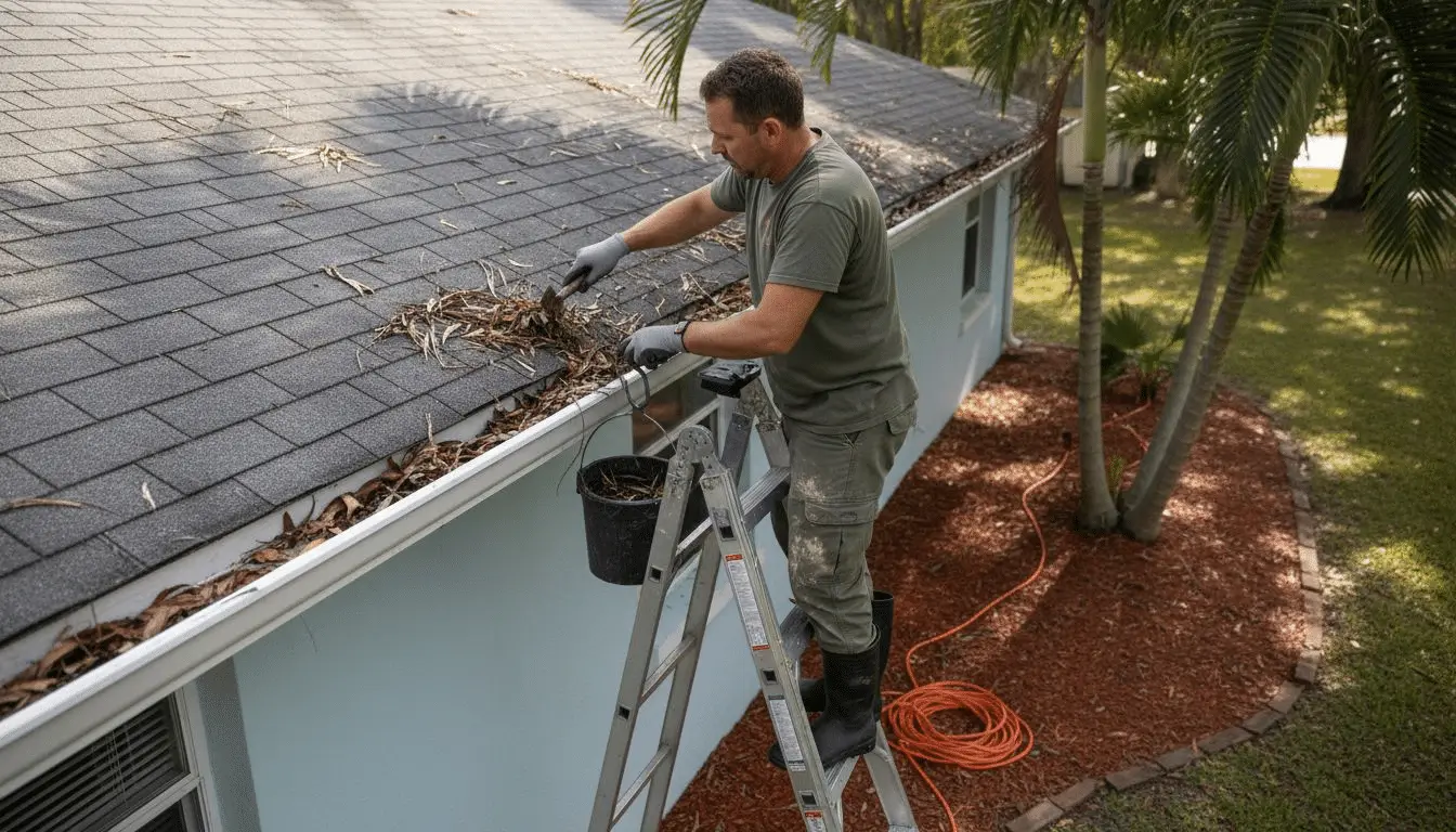 Man on a ladder scooping debris from a gutter into a bucket