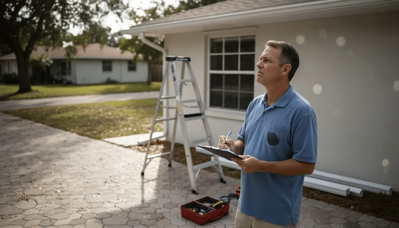 Man with a clipboard looking up at a house, a ladder and toolbox behind him