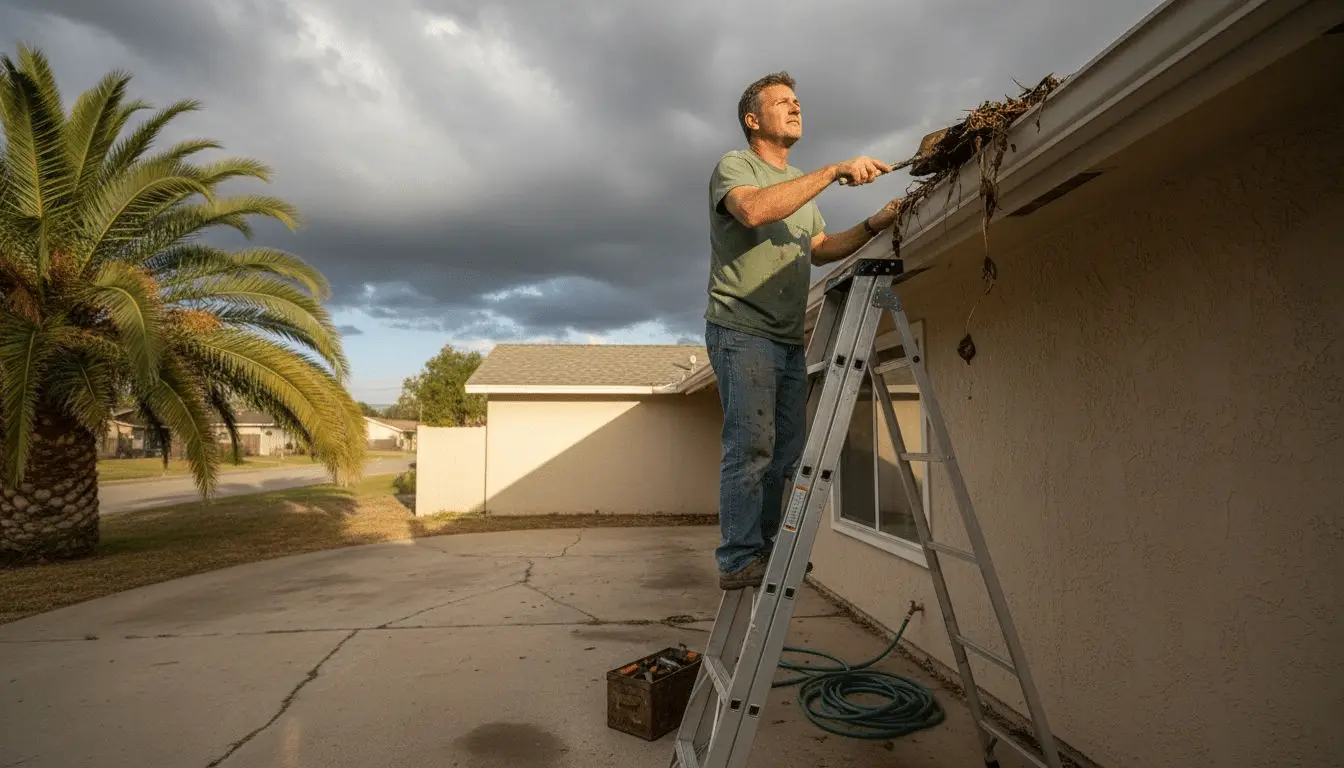 Man on a ladder clearing debris from a gutter under a stormy sky