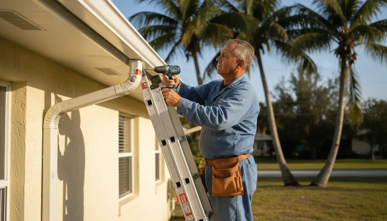 Man on a ladder drilling a downspout bracket on a stucco house