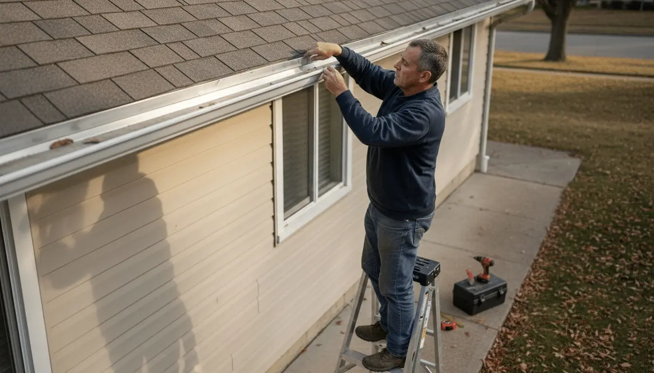 Man on a ladder fastening a white gutter on a house with tan siding