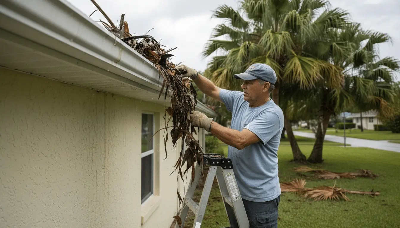 Man in a cap on a ladder pulling dead fronds from a white gutter