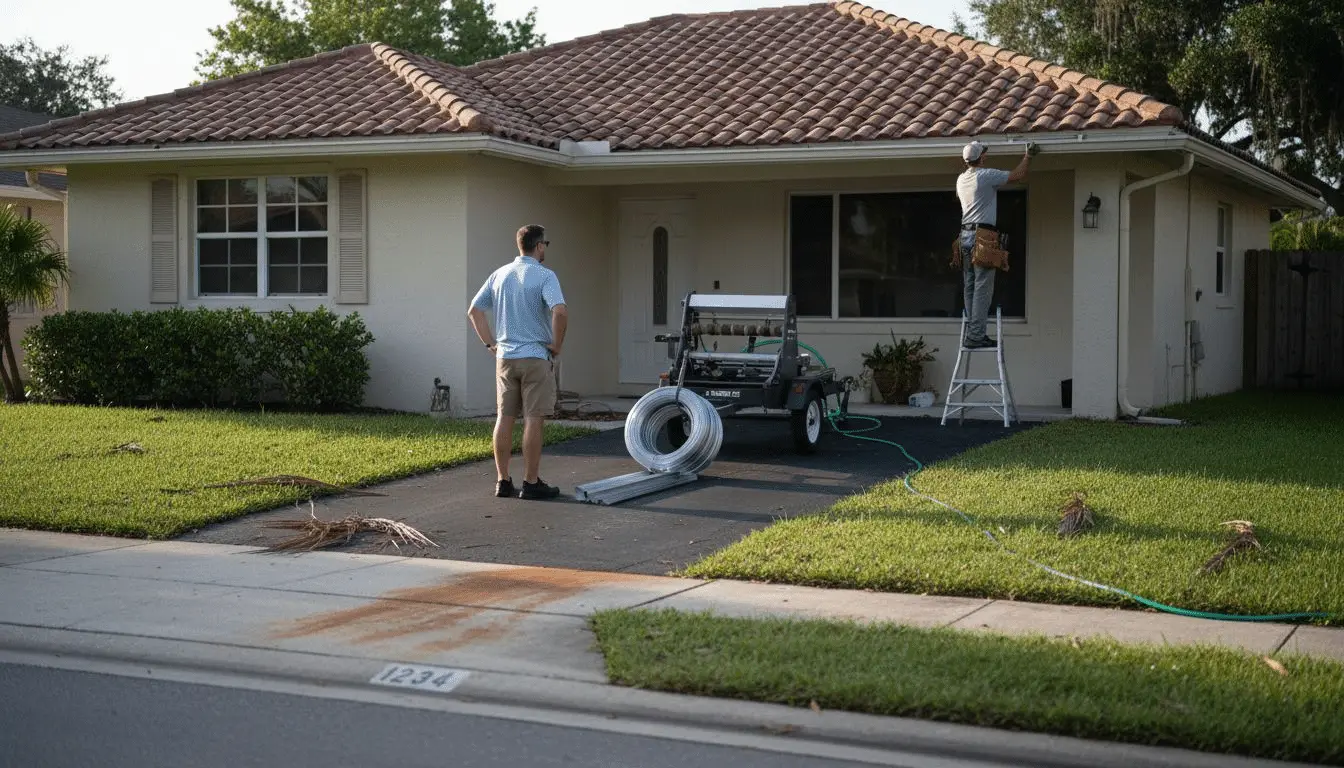 Gutter crew with a trailer-mounted gutter machine in front of a tile-roof house