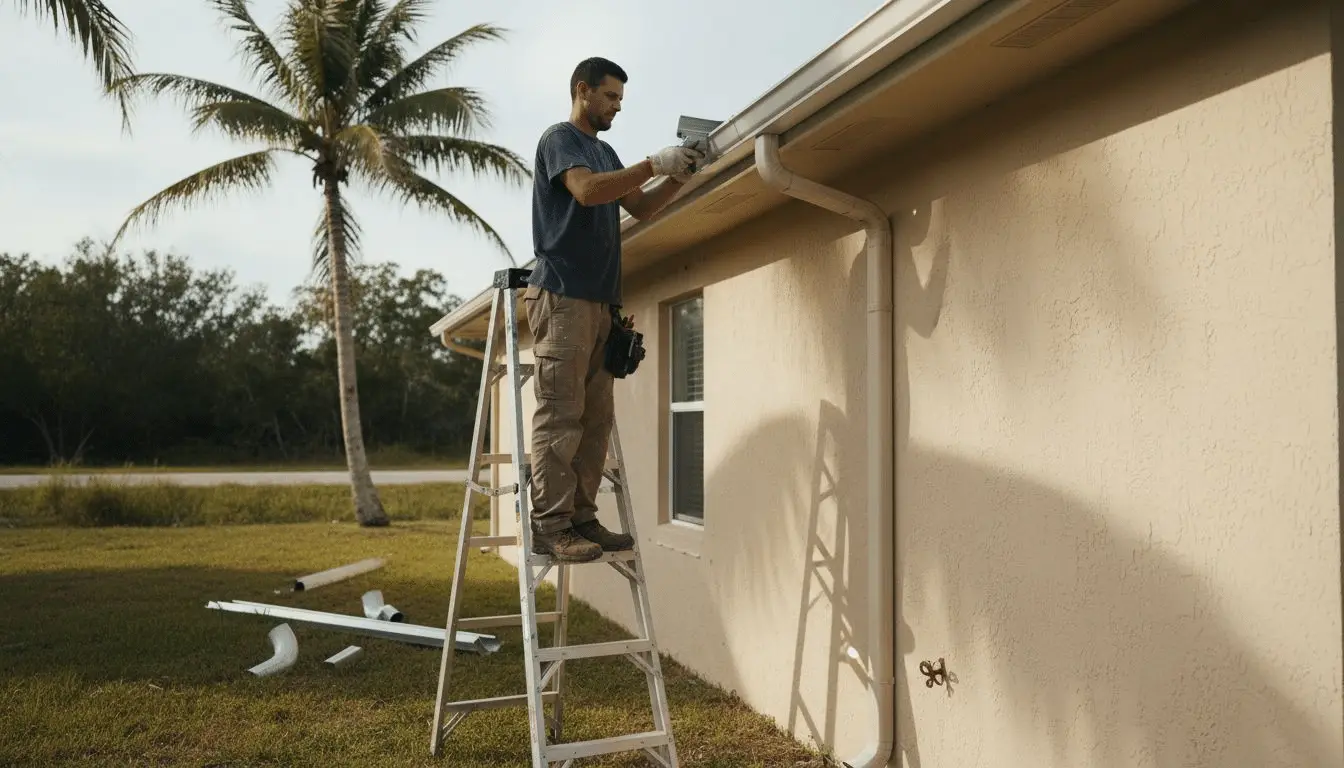 Man on a ladder working on the gutter of a stucco house, gutter pieces on the lawn