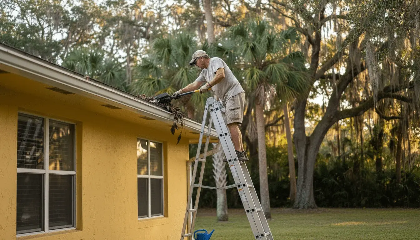 Man on a ladder clearing a gutter on a yellow house under oak trees
