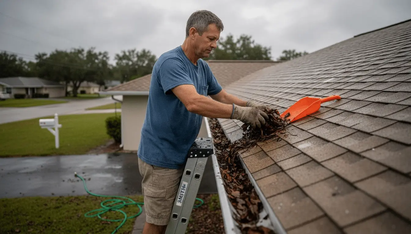 Man on a ladder scooping wet leaves out of a gutter on a shingle roof