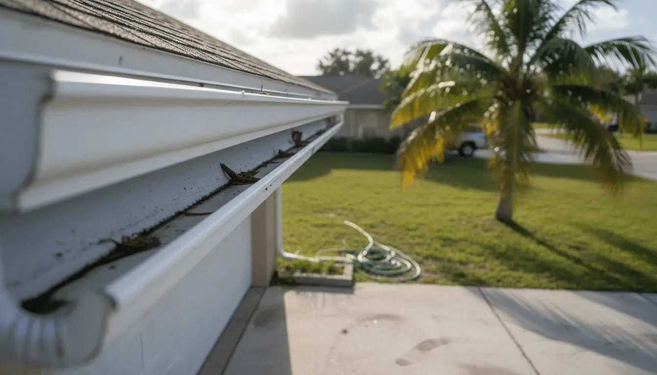 Close-up of a white gutter holding leaf debris along a shingle roof
