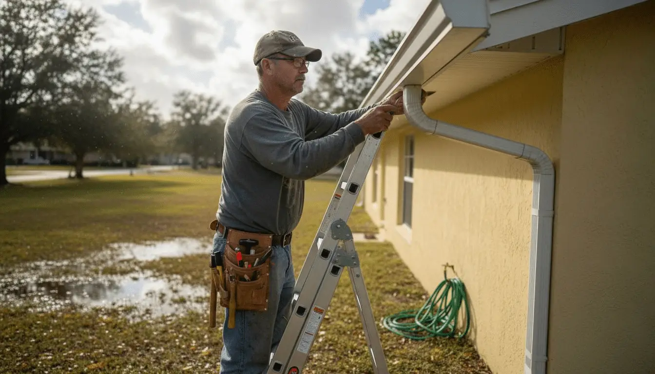Man on a ladder fitting a downspout to a white gutter on a yellow house