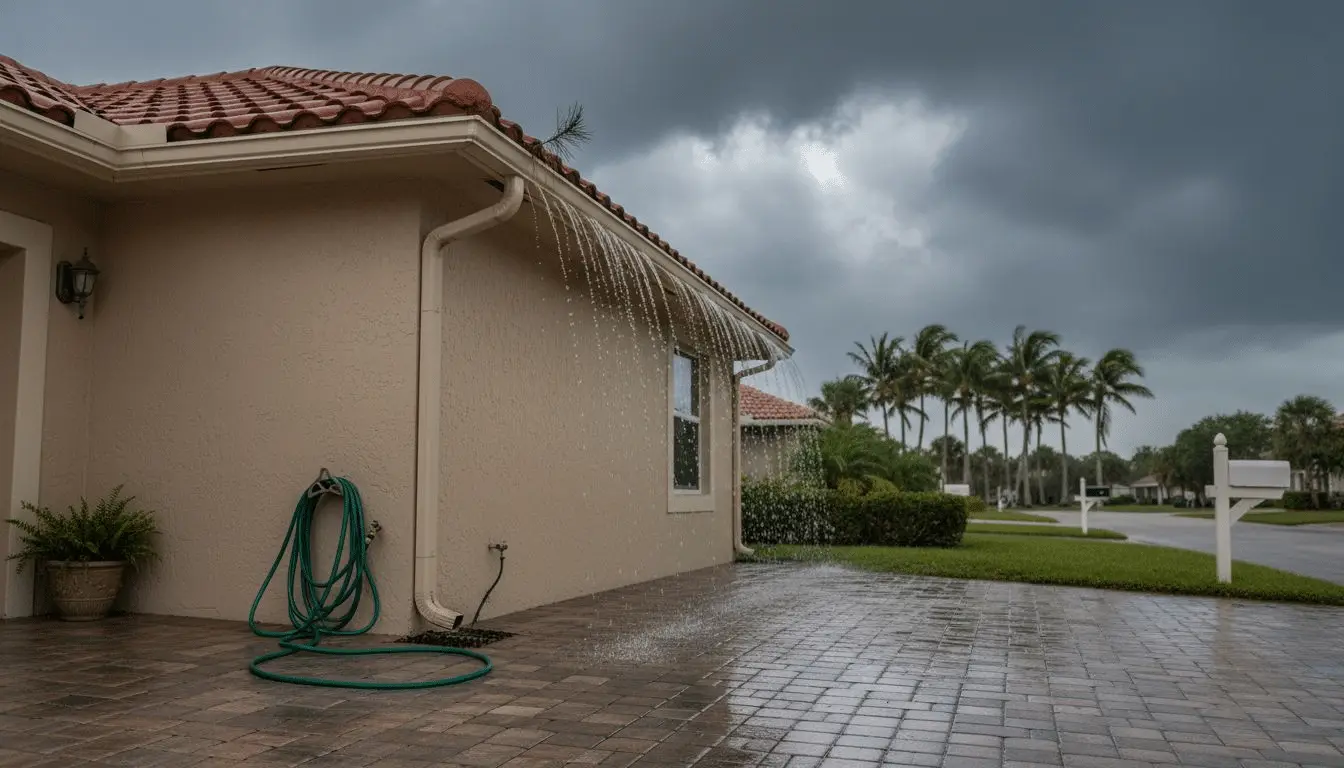 White gutter and downspout on a tile-roof house under storm clouds