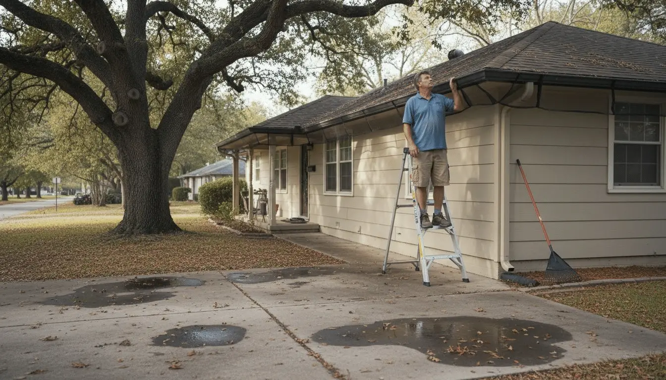 Man on a ladder at the gutter of a house under a large oak tree