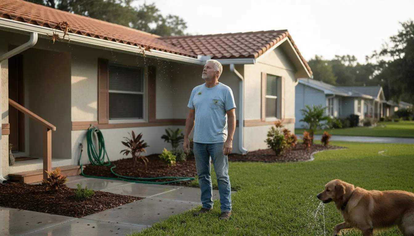 Man and his dog in the yard looking up at a house's gutters