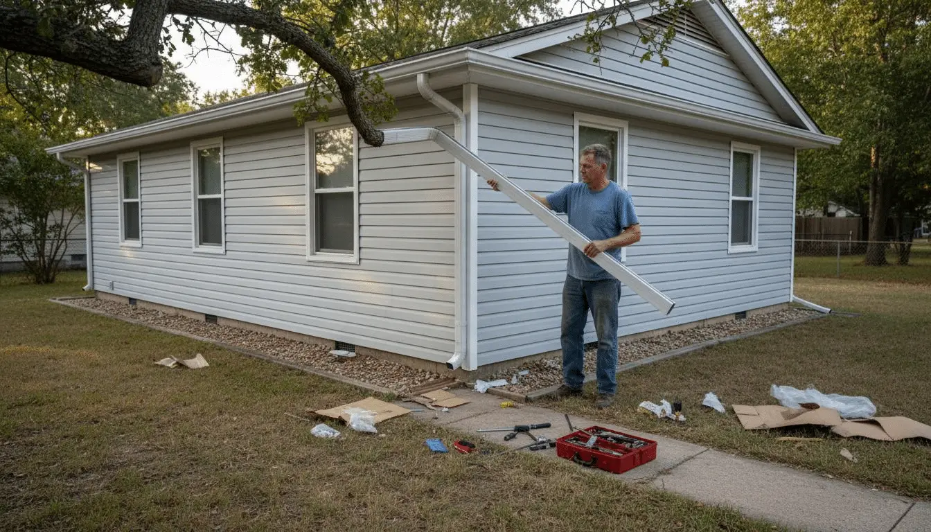 Man carrying a long gutter section beside a white house, packaging on the lawn