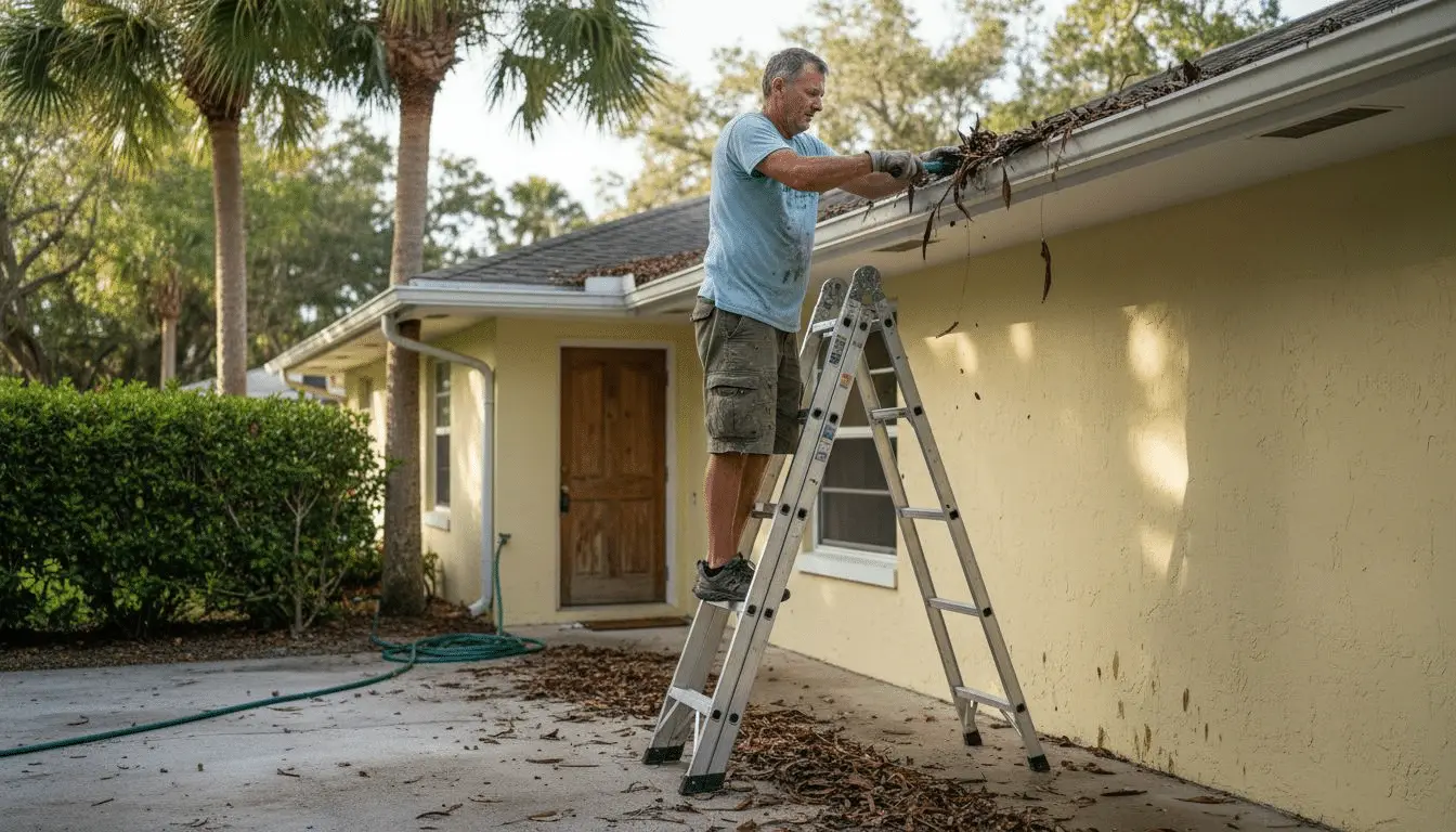 Man on a ladder clearing leaves from the gutter of a yellow house