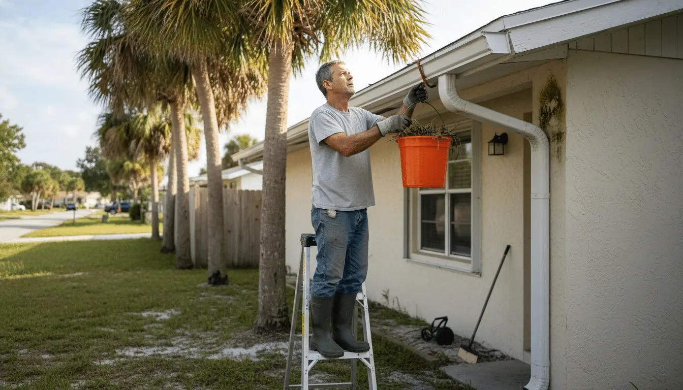 Man on a ladder emptying gutter debris into an orange bucket