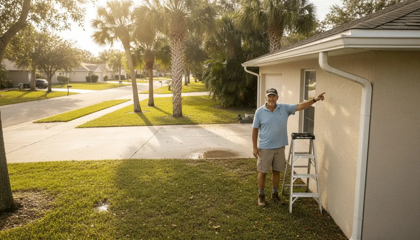 Florida homeowner inspecting new rain gutters