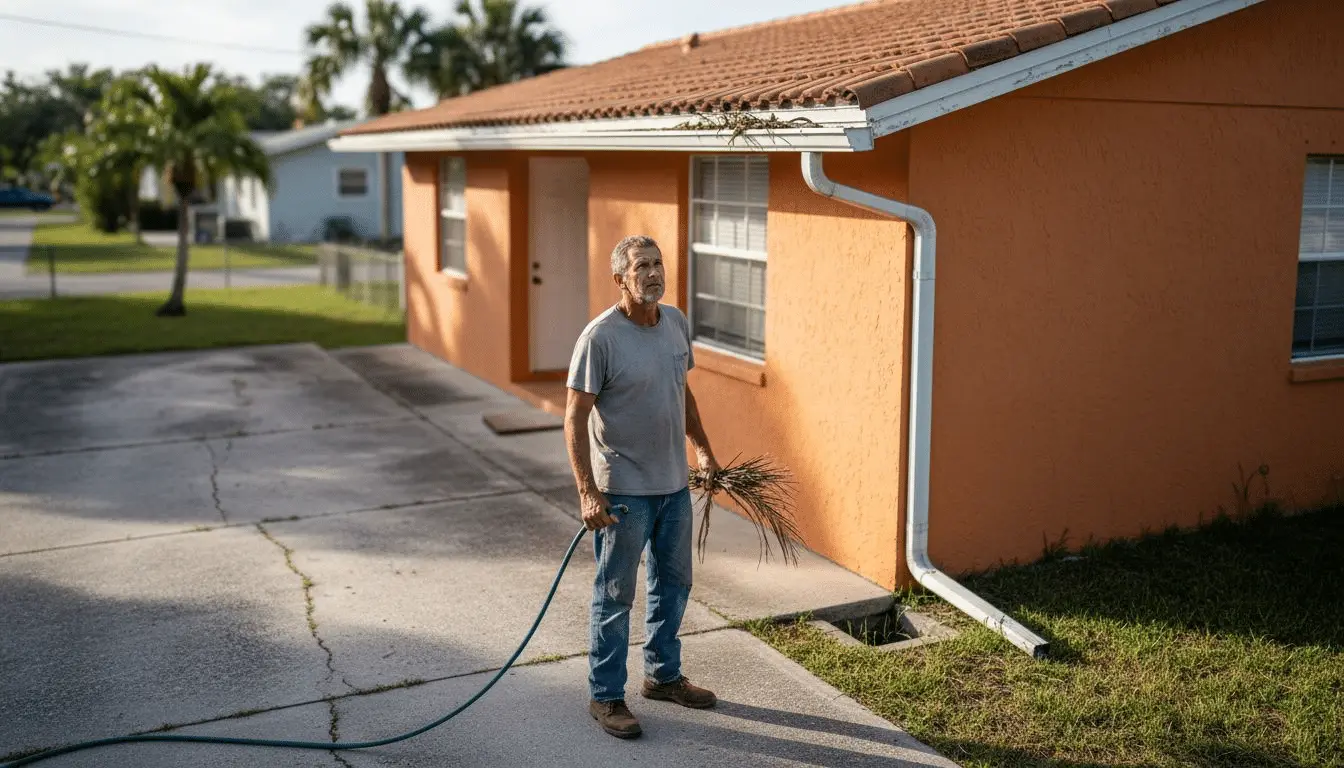 Homeowner checking gutters on Florida house