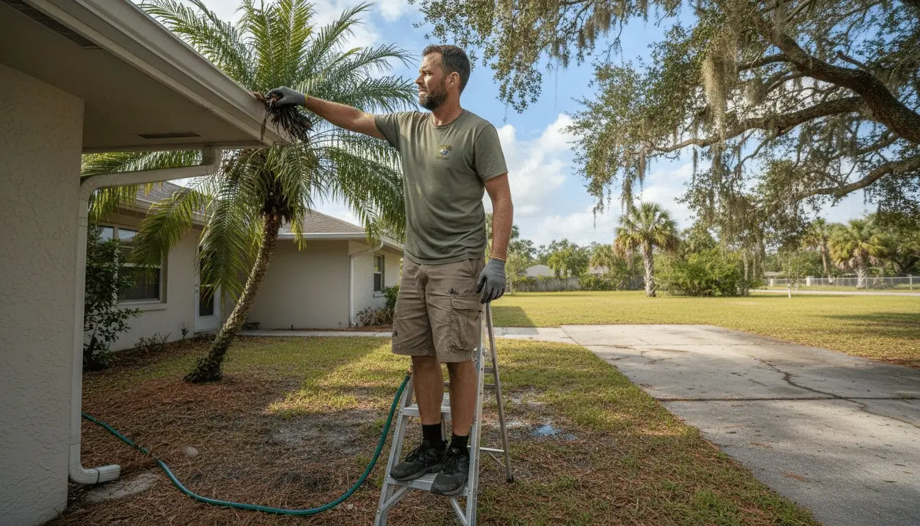 Homeowner cleaning gutters on Florida house in sunlight