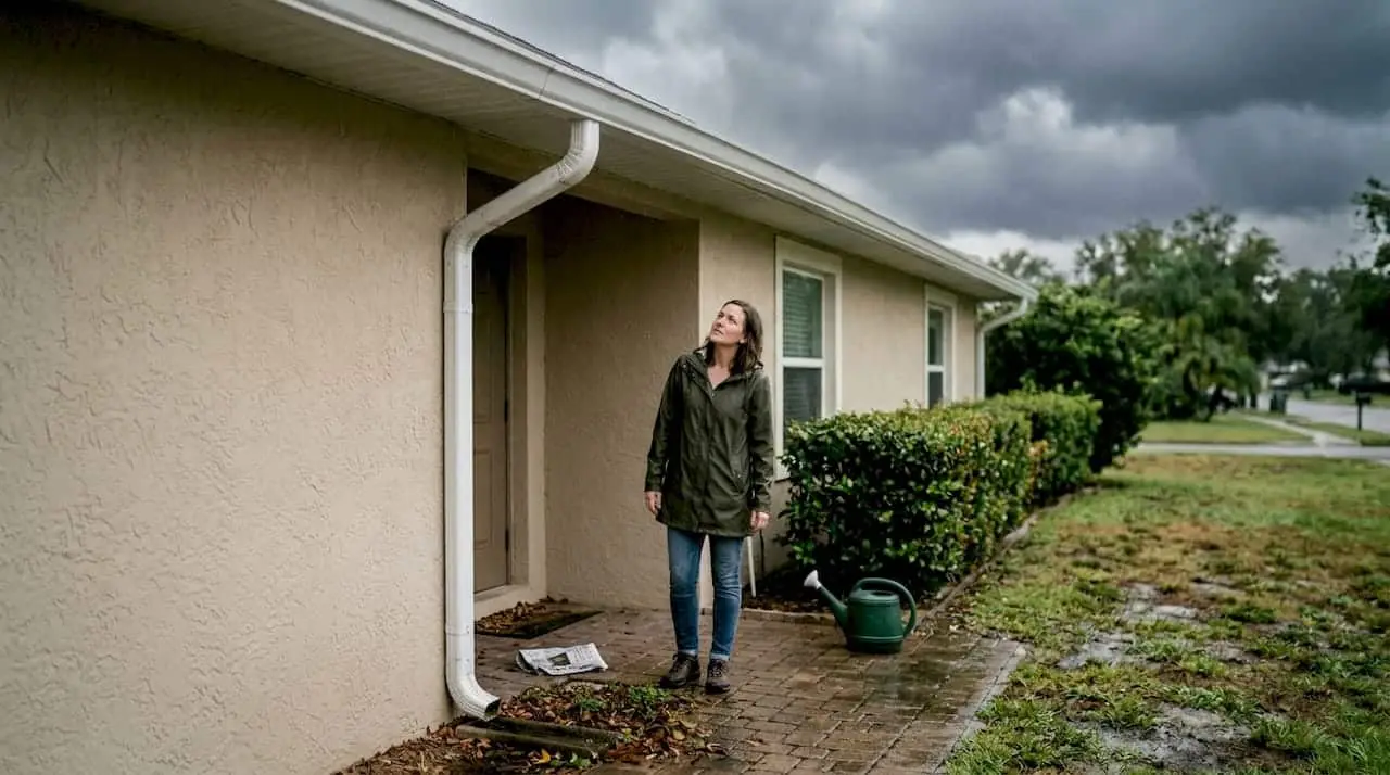 Homeowner checking gutters during Florida rain