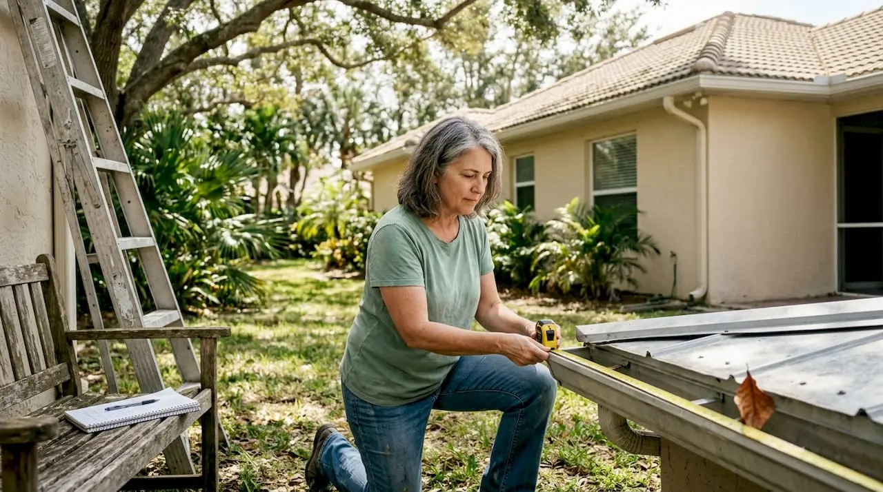 Homeowner measuring gutters on Florida house