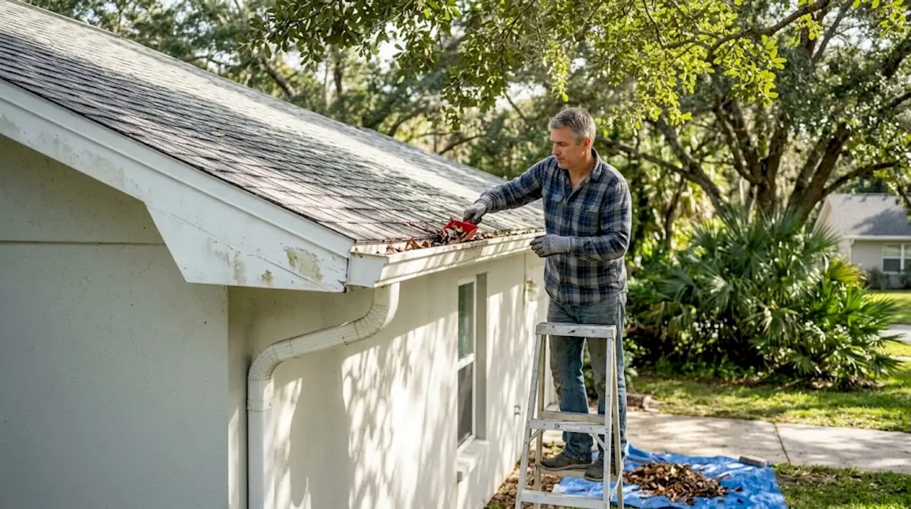 Homeowner clearing leaves from house gutter