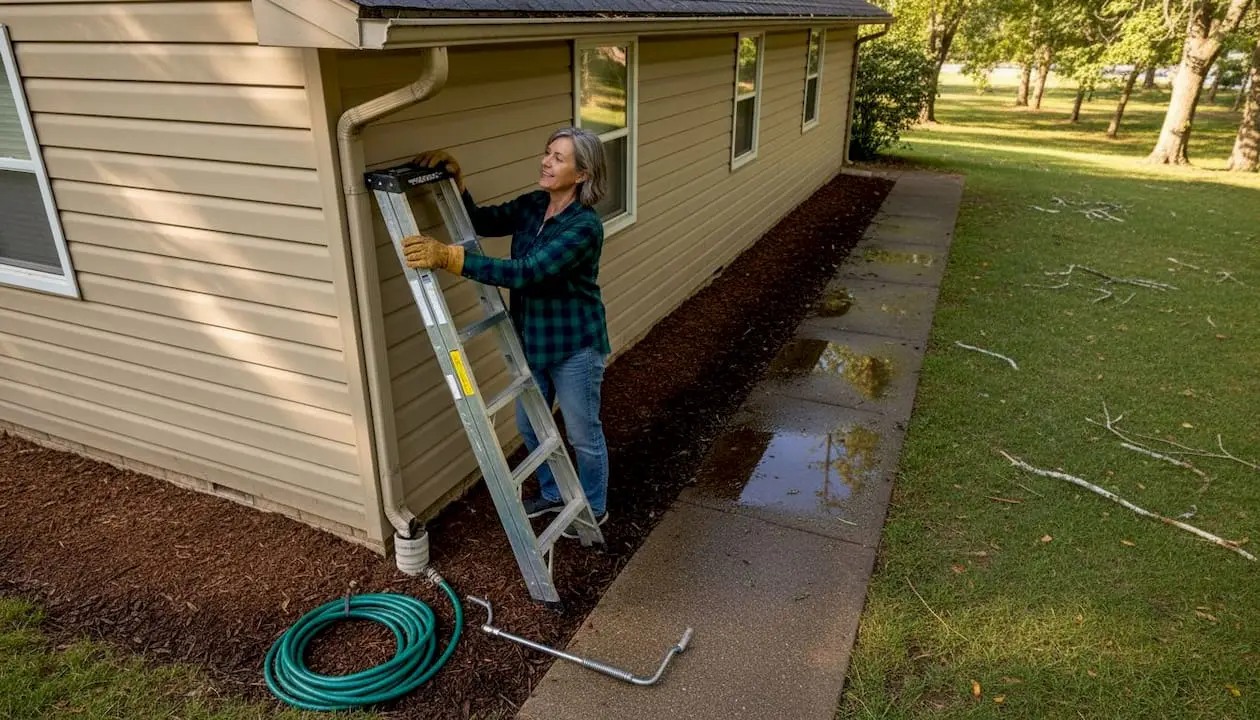 Homeowner inspecting downspout for cleaning