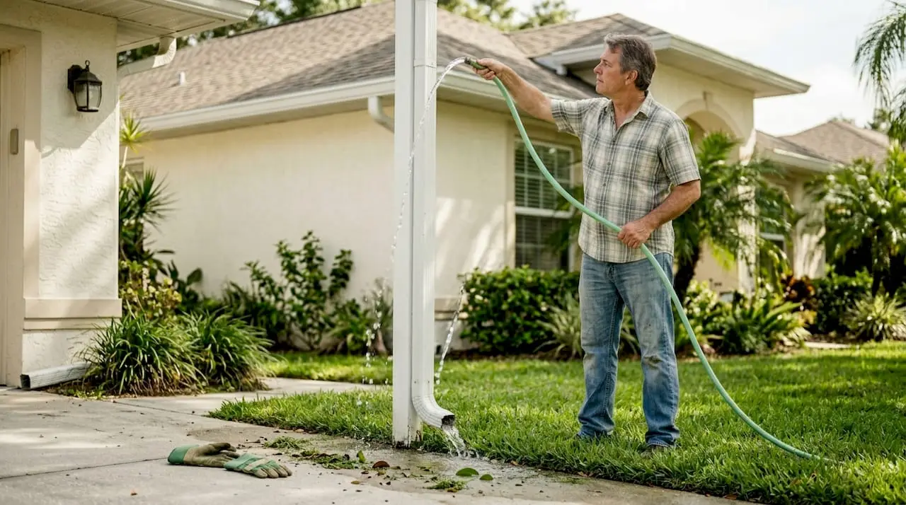 Homeowner testing gutters with garden hose