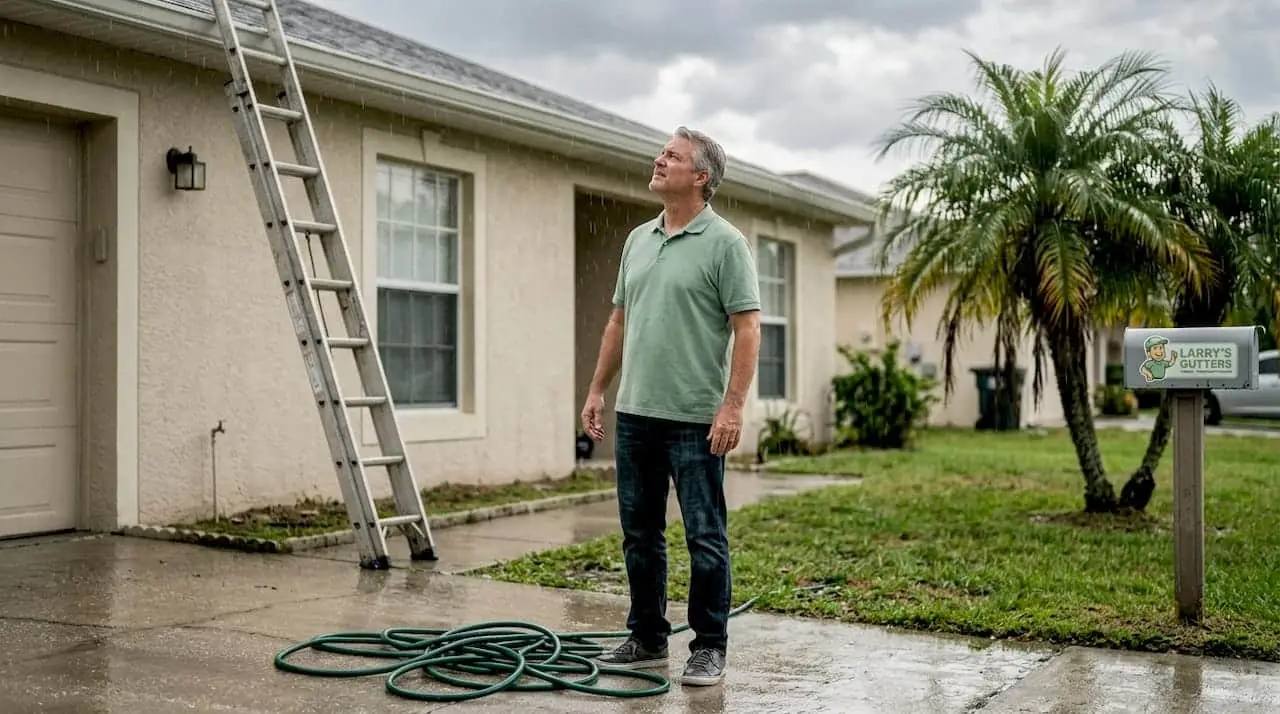 Homeowner inspects gutters during heavy rain