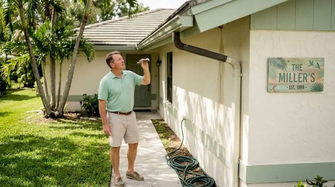 Florida homeowner inspecting box gutter system