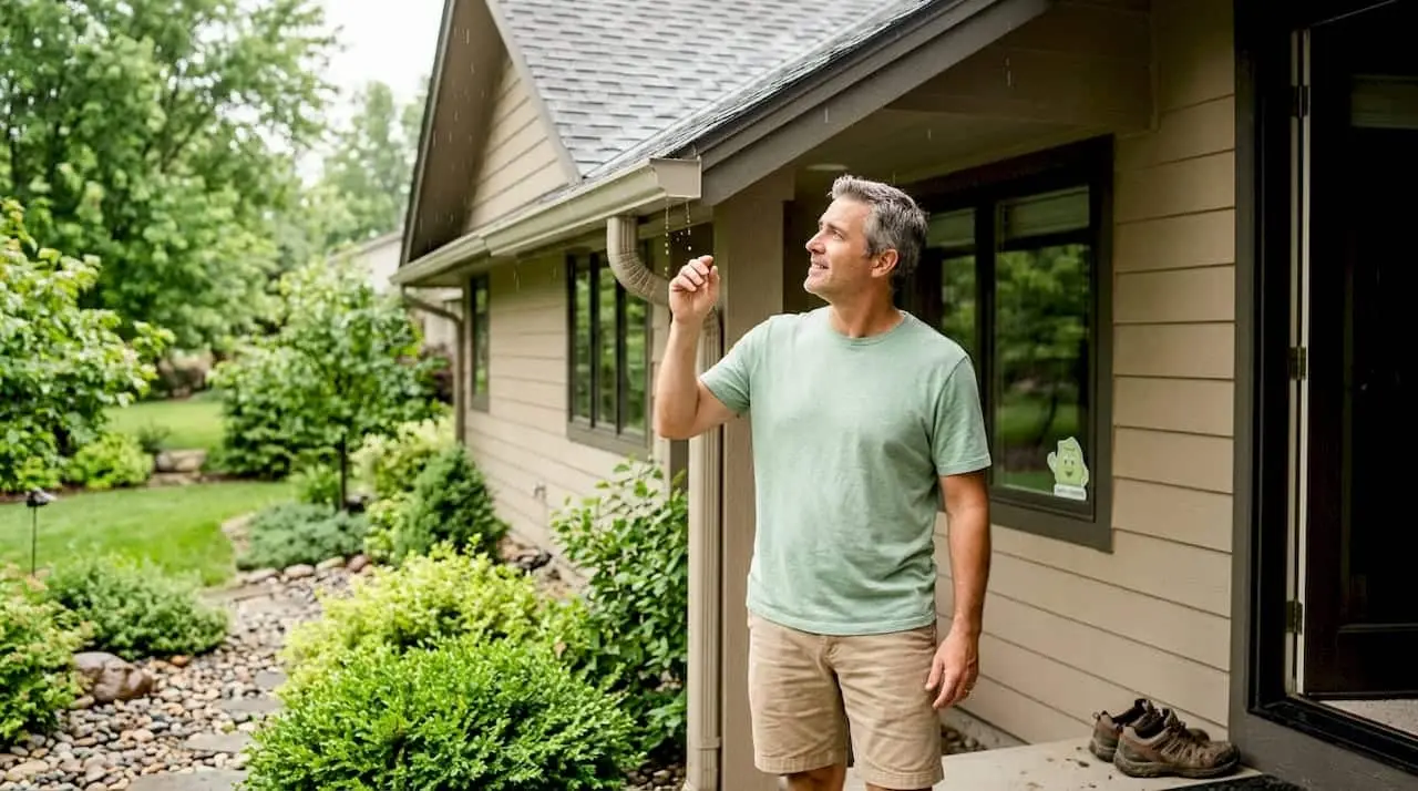 Homeowner inspecting gutters during Florida rain