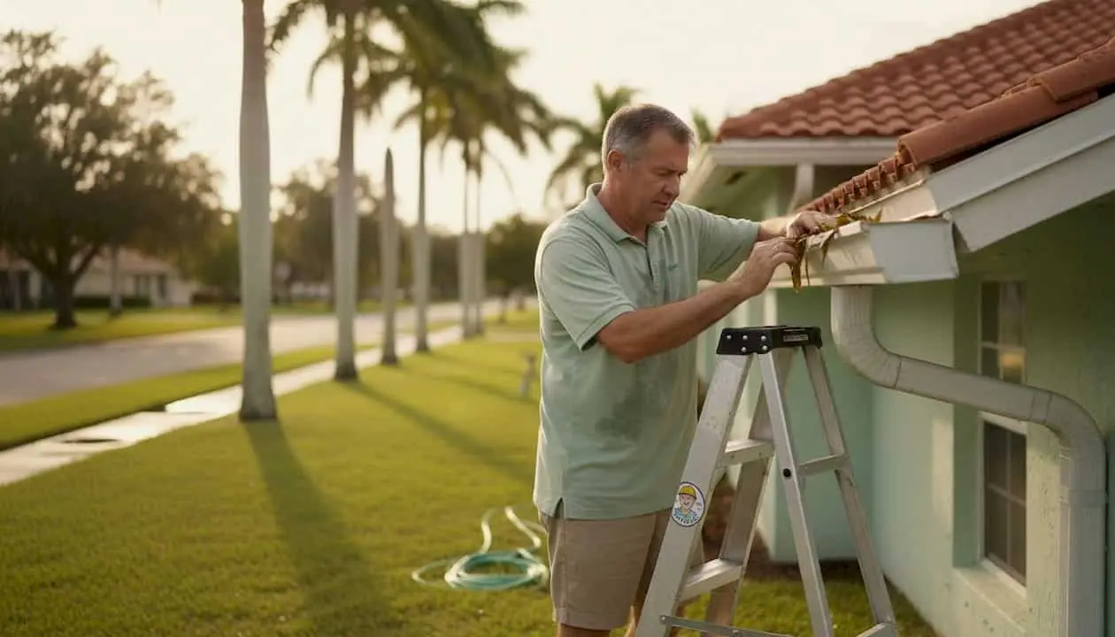 Homeowner checking gutter hanger on Florida house