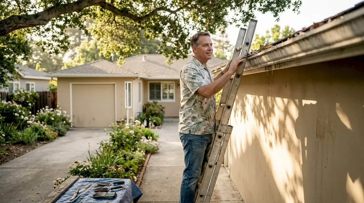 Homeowner inspecting old gutters on ladder