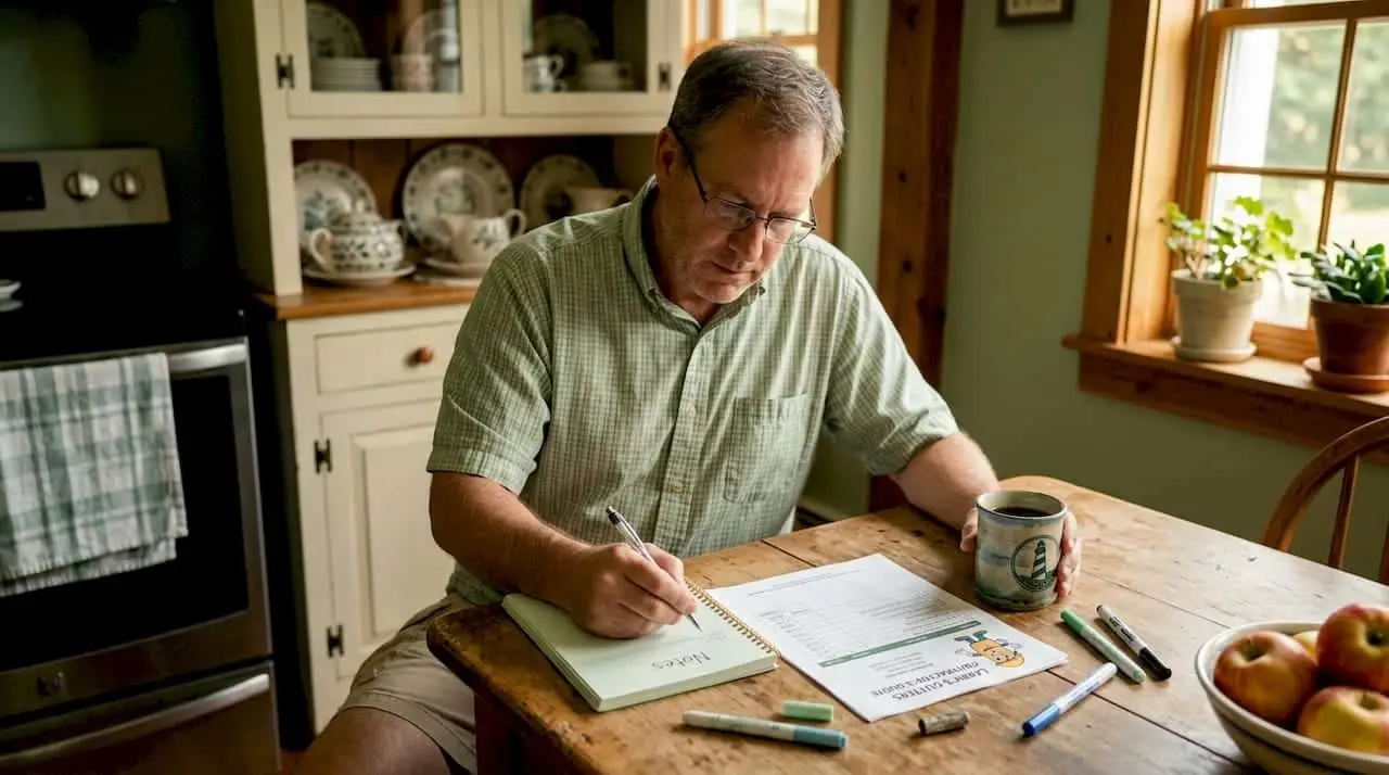 Homeowner at kitchen table reviewing gutter quote