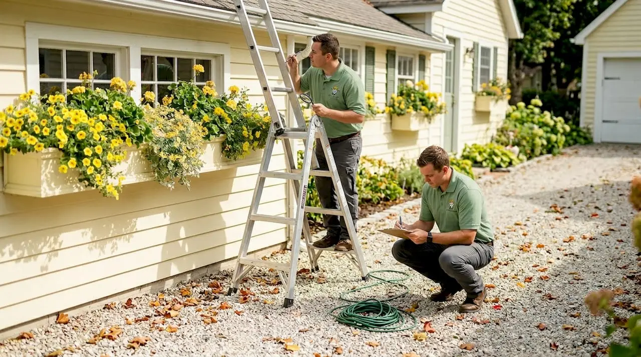 Team inspecting home gutters on sunny morning