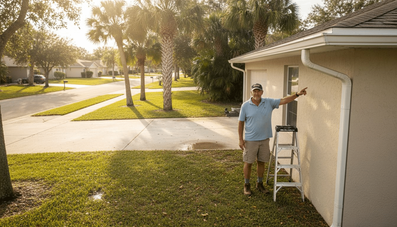 Florida homeowner inspecting new rain gutters