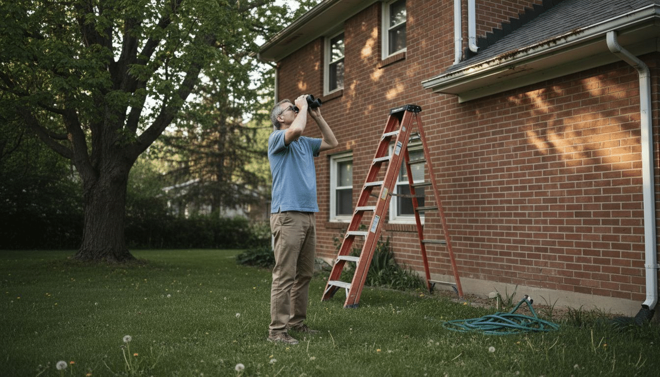 Homeowner inspecting house gutters for wear