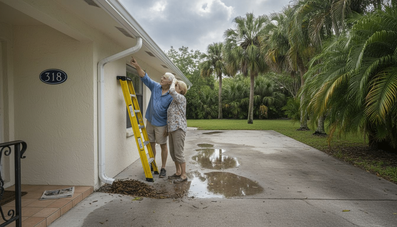 Florida homeowners inspect their gutter system