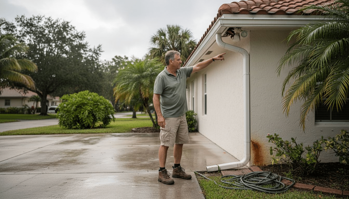 Homeowner inspecting rain gutters during storm
