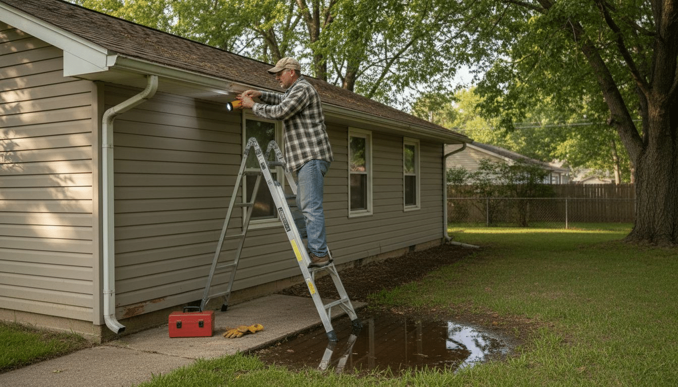 Homeowner inspecting rain gutter for leaks