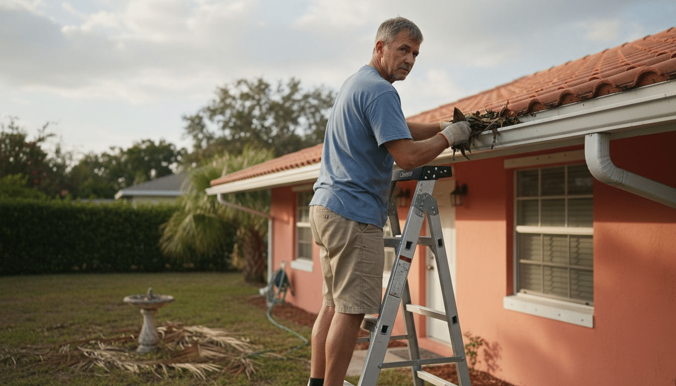 Florida homeowner cleaning gutters on a ladder